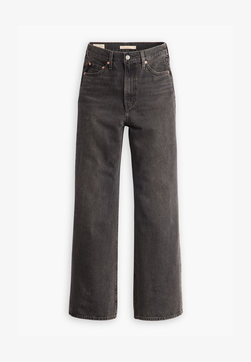 Jeans de tiro alto y pierna ancha en denim gris oscuro, con bolsillos frontales, remaches de cobre en contraste y un acabado limpio sin adornos.