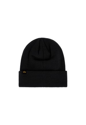 Bonnet en maille noire avec un revers replié et une petite étiquette rectangulaire présentant un logo étoile jaune sur le côté.