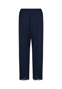 Navy blue pants with a soft fabric, featuring a lace trim at the hem. Elastic waistband for comfortable fit, straight leg design.