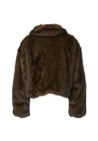 Brown faux fur cropped jacket with a collar, soft texture, and long sleeves, featuring subtle sheen and a relaxed, voluminous fit.