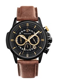 Reloj cronógrafo negro con acentos dorados, esfera negra, tres subesferas y correa de cuero marrón. Presenta una caja pulida y una correa texturizada.