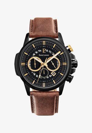 Montre chronographe noire avec accents dorés, cadran noir, trois sous-cadrans, et bracelet en cuir marron. Caractéristiques d'un boîtier poli et d'un bracelet texturé.