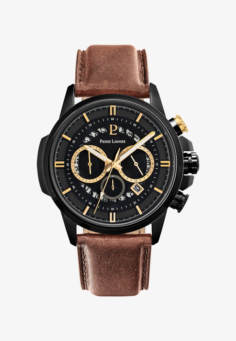 Orologio cronografo nero con accenti dorati, quadrante nero, tre sottodial e cinturino in pelle marrone. Presenta una cassa lucida e un cinturino testurizzato.