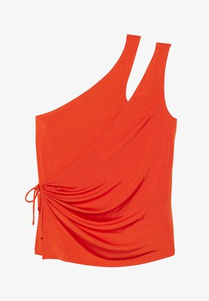 Narancssárga aszimmetrikus top, két pánttal, oldalsó ráncolással és megkötővel, puha, rugalmas anyagból készült. Simaság.