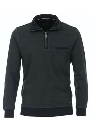 Dark gray pullover sweater with a half-zip collar, textured fabric, navy accents on collar and chest pocket, and ribbed cuffs and hem.