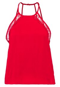 Top halter rosso con tessuto liscio, dettagli in pizzo lungo le spalline e design a schiena scoperta. Stile semplice, leggero e casual.