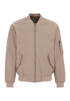 Gaiši beigy bomber jakas ar rāvējslēdzēju priekšpusē, ribotām aprocēm un divām sānu kabatām. Piedurknē ir vēl viena kabata ar rāvējslēdzēju. Gluda auduma tekstūra.