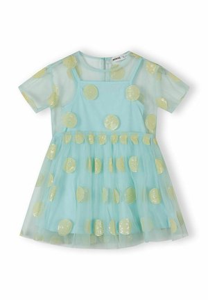 Jasnoniebieska sukienka dla malucha z przezroczystymi krótkimi rękawami i spódnicą, ozdobiona dużymi złotymi cekinowymi grochami na całej powierzchni.
