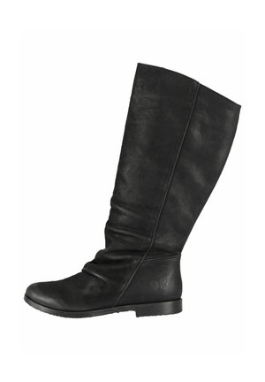 Černé kožené kozačky do kolen s volným designem, zaoblenou špicí a plochou gumovou podrážkou. Na zadní straně se nachází emblém motýla.