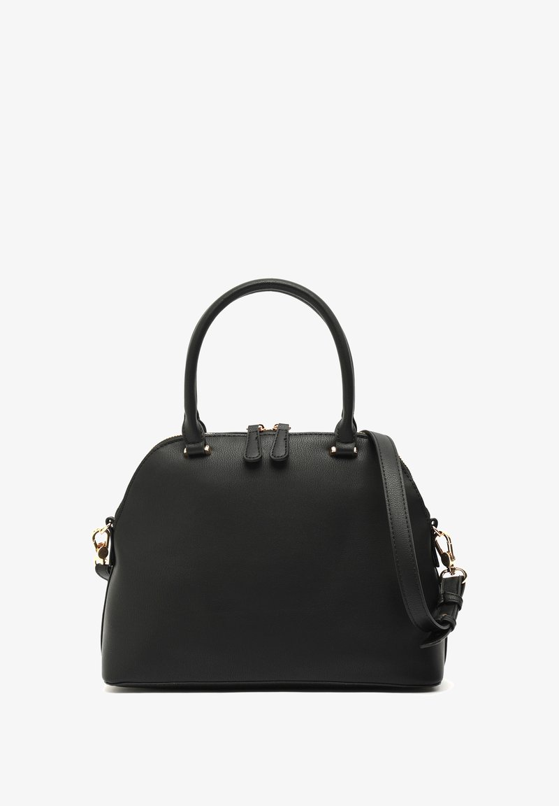 Bolso de mano de piel negra con forma redondeada, asas dobles en la parte superior y correa de hombro desmontable. Presenta costuras sutiles y accesorios en tono dorado.