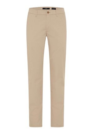 Beige gerade geschnittene Hose mit Knopf- und Reißverschluss, Gürtelschlaufen und Vordertaschen, flach auf einem weißen Hintergrund präsentiert.