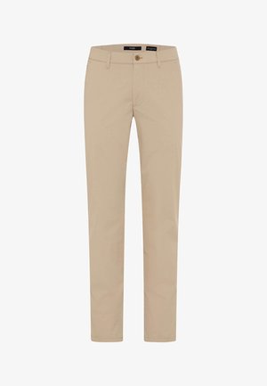 Beige gerade geschnittene Hose mit Knopf- und Reißverschluss, Gürtelschlaufen und Vordertaschen, flach auf einem weißen Hintergrund präsentiert.