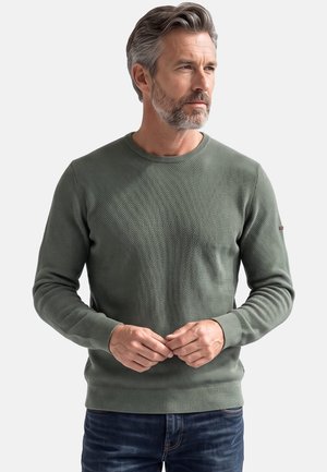 Midaldrende mand med gråt hår og skæg iført en textured olivengrøn sweater og blå jeans, hænder løst foldet foran.