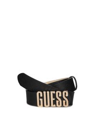 Cintura in pelle nera con una finitura testurizzata, caratterizzata da una fibbia con il logo dorato "GUESS" in evidenza. Design regolabile con una fodera interna liscia.