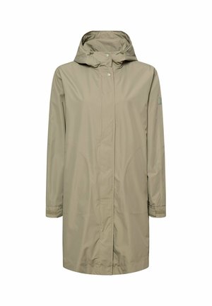Beige lange regenjas met capuchon, drukknoopsluiting aan de voorkant, lange mouwen met verstelbare manchetten en zijzakken.