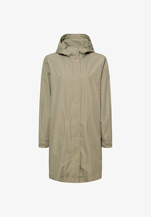 Imperméable long beige avec capuche, boutons-pression à l'avant, manches longues avec poignets ajustables, et poches latérales.