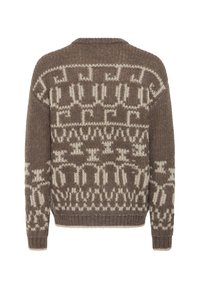 Brauner Strickpullover mit cremefarbenen geometrischen Mustern, gerippten Bündchen und Saum, Rundhalsausschnitt Design, das eine strukturierte Stoffoberfläche präsentiert.