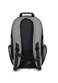 Grey and black backpack with padded straps, adjustable chest buckle, and mesh side pockets shown from the back against a white background.