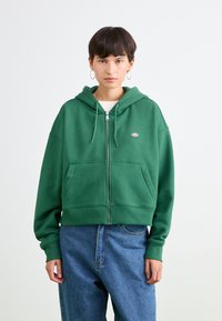 Young person with short dark hair wearing a green zip-up hoodie and blue jeans, standing against a plain white background.