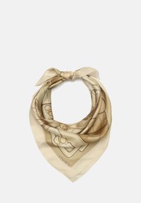 Foulard di seta beige con motivi geometrici e dettagli, caratterizzato da un design annodato nella parte superiore. Texture liscia e finitura leggera.
