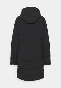 Cappotto imbottito nero con cappuccio, caratterizzato da un motivo a zigzag, maniche lunghe e design a taglio dritto. Materiale leggero e colore uniforme.