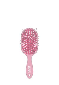 Spazzola per capelli rosa a forma di paletta con numerose setole di plastica e un manico arrotondato, caratterizzata da un design a motivo aperto per facilitare districamento.