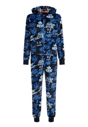 Schwarzer Kapuzen-Overall mit blauem und weißem Graffiti-Text und Grafiken, Frontreißverschluss und Bündchen an Ärmeln und Hosenbeinen.