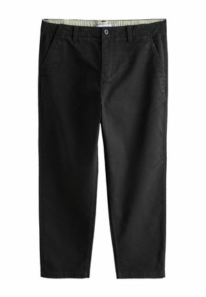 Black chinos with a flat front, two side pockets, and a single back pocket; made of smooth cotton fabric with stitched detailing.