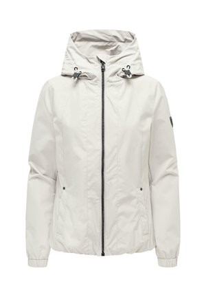 Lysegrå hættejakke med lynlås foran, justerbare snore i hætten, sidelommer og elastiske manchetter.