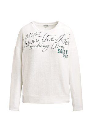 White sweatshirt with a relaxed fit, featuring black and green text graphics. Made of soft, textured fabric with a crew neckline and long sleeves.