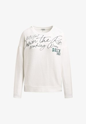 White sweatshirt with a relaxed fit, featuring black and green text graphics. Made of soft, textured fabric with a crew neckline and long sleeves.