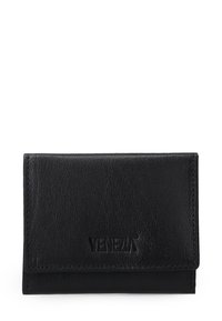 Zwarte leren portefeuille met een gladde textuur, een vouwontwerp en een geperst "VENEZIA" logo op de voorkant. Compacte en rechthoekige vorm.