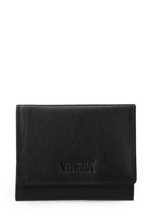 Schwarze Lederbrieftasche mit glatter Textur, klappbarem Design und eingeprägtem "VENEZIA"-Logo auf der Vorderseite. Kompakte und rechteckige Form.