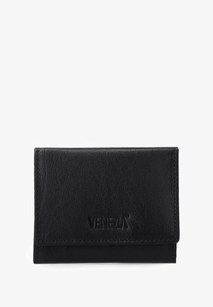 Schwarze Lederbrieftasche mit glatter Textur, klappbarem Design und eingeprägtem "VENEZIA"-Logo auf der Vorderseite. Kompakte und rechteckige Form.