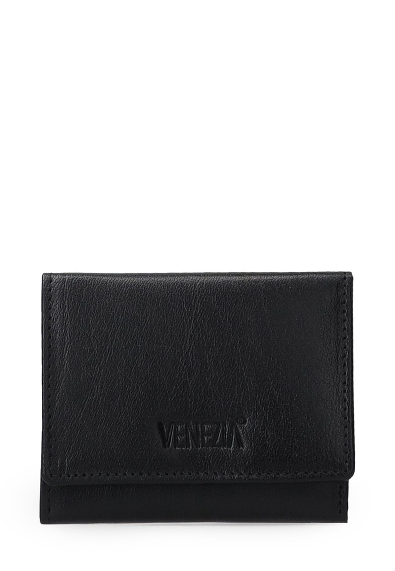 Zwarte leren portefeuille met een gladde textuur, een vouwontwerp en een geperst "VENEZIA" logo op de voorkant. Compacte en rechthoekige vorm.