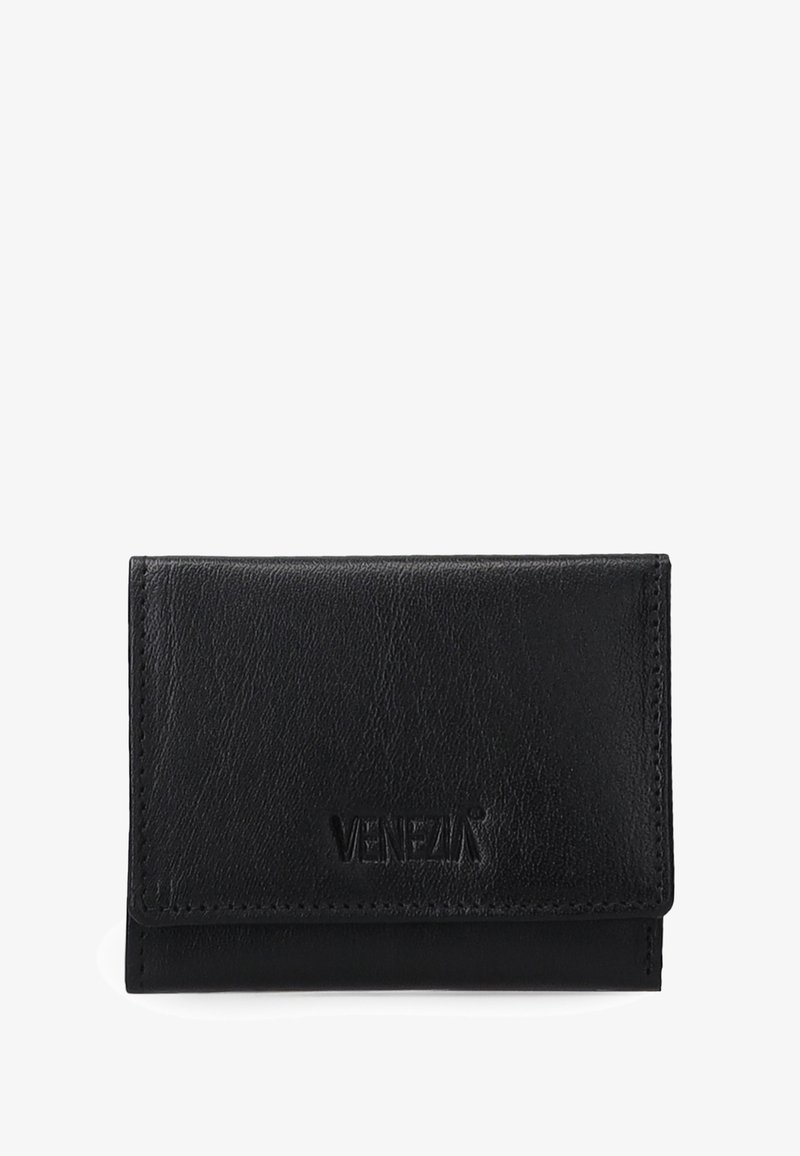 Černá kožená peněženka s hladkým povrchem, překlopným designem a embosovaným logem "VENEZIA" na přední straně. Kompaktní a obdélníkový tvar.