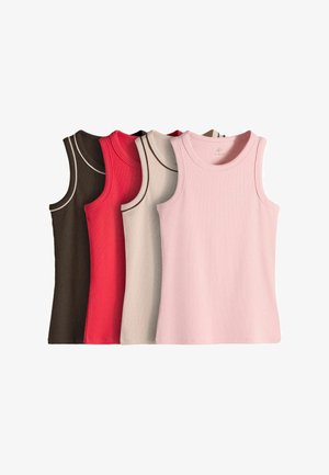 Ärmellose, gerippte Tanktops in Braun, Rot, Beige und Pink, überlappend auf weißem Hintergrund angeordnet.
