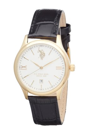 Orologio da polso analogico rotondo in tono oro con quadrante bianco, cinturino in pelle nera, indicatore della data alle 6 e logo U.S. Polo Assn. sul quadrante.