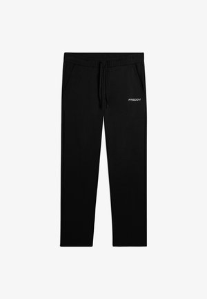 Pantalon de survêtement noir à coupe décontractée avec taille élastique, cordon de serrage, poches latérales et logo "FREDDY" sur la cuisse gauche.