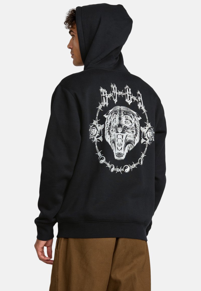 Black hoodie with a large white tiger graphic on the back, framed by barbed wire and roses, featuring a front kangaroo pocket.