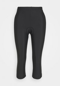 Leggings cortos negros con una textura lisa y elástica. Cuenta con una cinturilla contorneada y un refuerzo central para mayor comodidad.