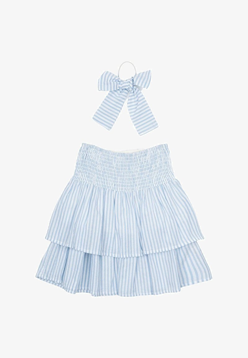 Svetlo modra prugaasta nabirana krila z elastičnim gubanjem v pasu in ujemajočo se pentljo. Narejena iz mehkega blaga z vodoravnim prugastim vzorcem.