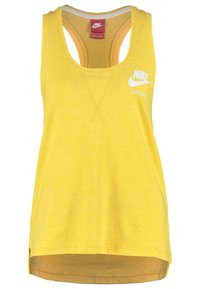 Geel mouwloos tanktop met een zachte textuur, voorzien van een ronde hals en een wit Nike-logo. Zijknielen voor extra bewegingsvrijheid.