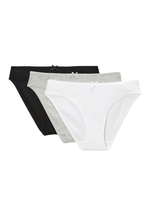 Trois culottes en coton pour femmes en noir, gris et blanc, chacune avec un petit nœud au centre avant de la ceinture.