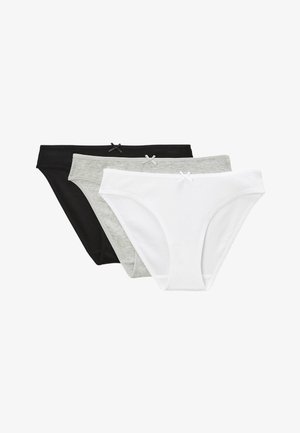 Trois culottes en coton pour femmes en noir, gris et blanc, chacune avec un petit nœud au centre avant de la ceinture.