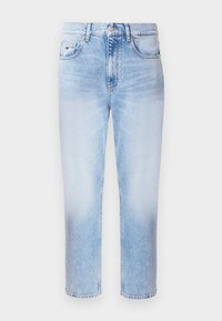 Jeanși din denim de culoare albastru deschis, cu croială dreptă, design cu cinci buzunare și închidere cu buton. Textura estompată este evidentă pe întreaga țesătură.