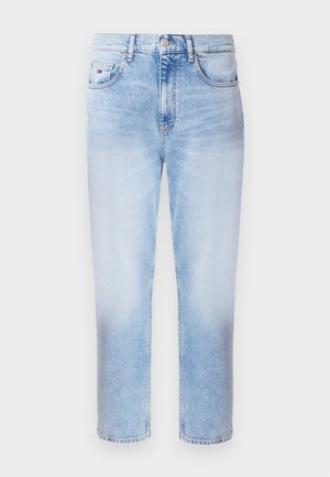 Light blue denim jeans featuring a straight-leg cut, five-pocket design, and a button closure. Faded texture is evident across the fabric.
