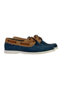 Scarpe da barca blu scamosciate con accenti in pelle marrone, suole bianche e lacci marroni, caratterizzate da un design cucito e un'etichetta con logo sul lato.