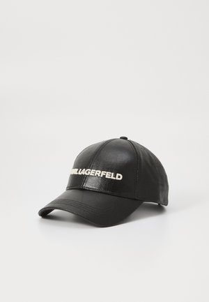 Black leather cap with a curved brim, featuring white embroidered "KARL LAGERFELD" text on the front. Smooth texture.