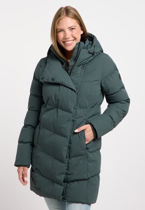 Teal puffer coat with a hood, featuring a zip front and button snaps. It has a quilted pattern and side pockets. Textured fabric.
